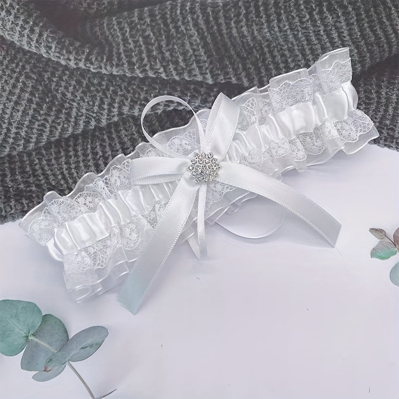 Glam Lace & Rhinestone Bridal Garter with Bow Wedding Accessory