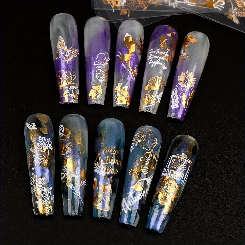 Golden Maple Leaves Butterfly Nail Stickers 3D Adhesive Art Supplies