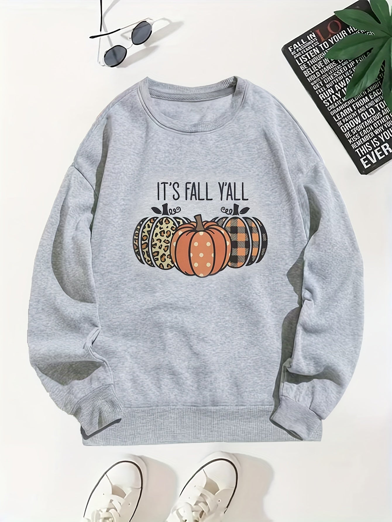 Pumpkin Print Long Sleeve Sweatshirt Crew Neck Fall Women's Clothing