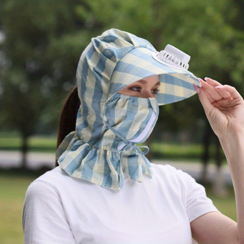 Plaid Print Fan Sun Hat with Neck Gaiter and Face Covering