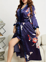 Floral Print Long Sleeve Robe With Belt Plus V Neck Nightgown