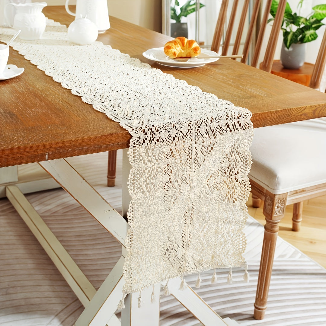 American Crochet Lace Table Runner Beige Cover