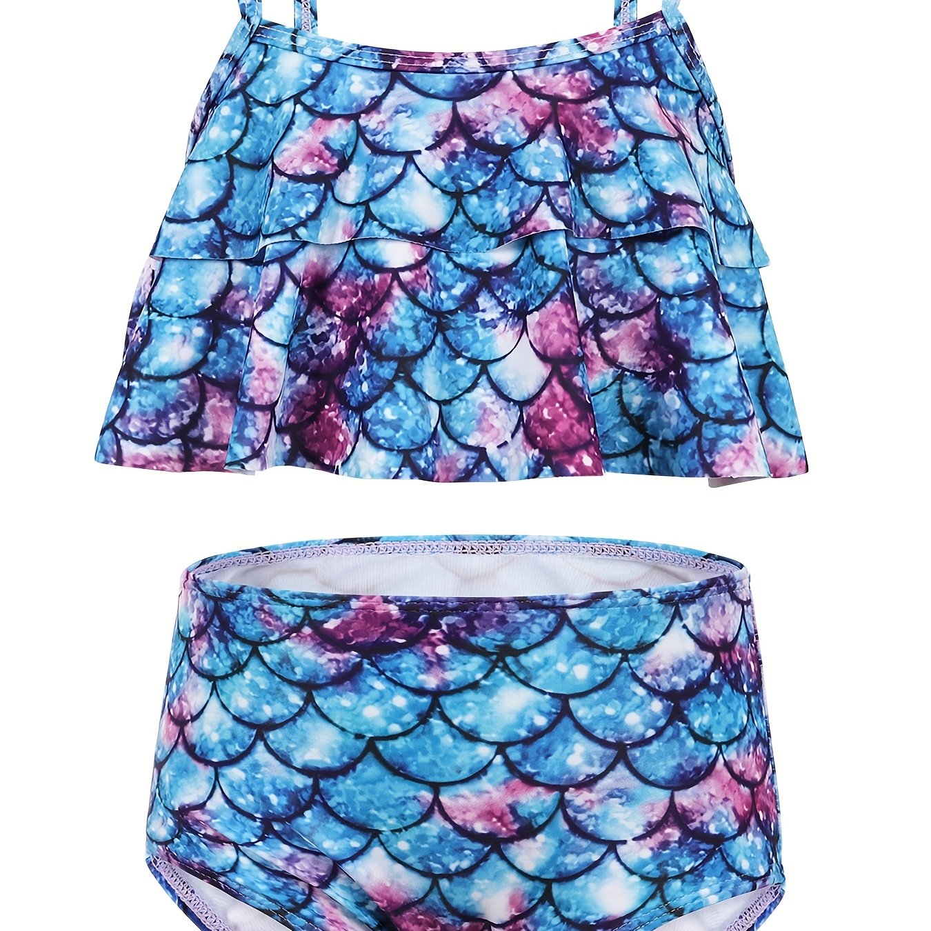 2pcs Toddler Girls Ruffle Trim Fish Scales Top Bikini Swimsuit