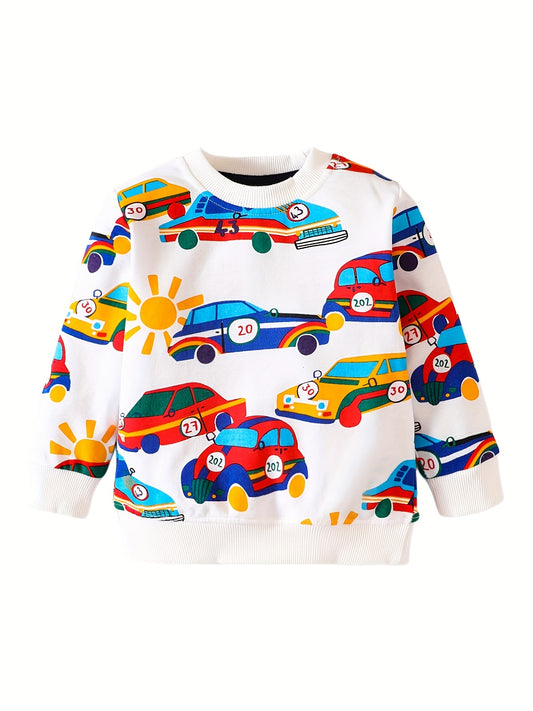 Car Print Boys Casual Pullover Sweatshirt Long Sleeve Crew Neck Tops