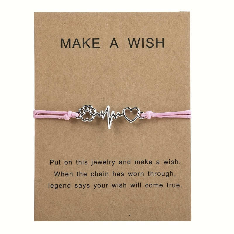 Dog Paw & Love Heart Bracelet Adjustable Rope Hand Jewelry