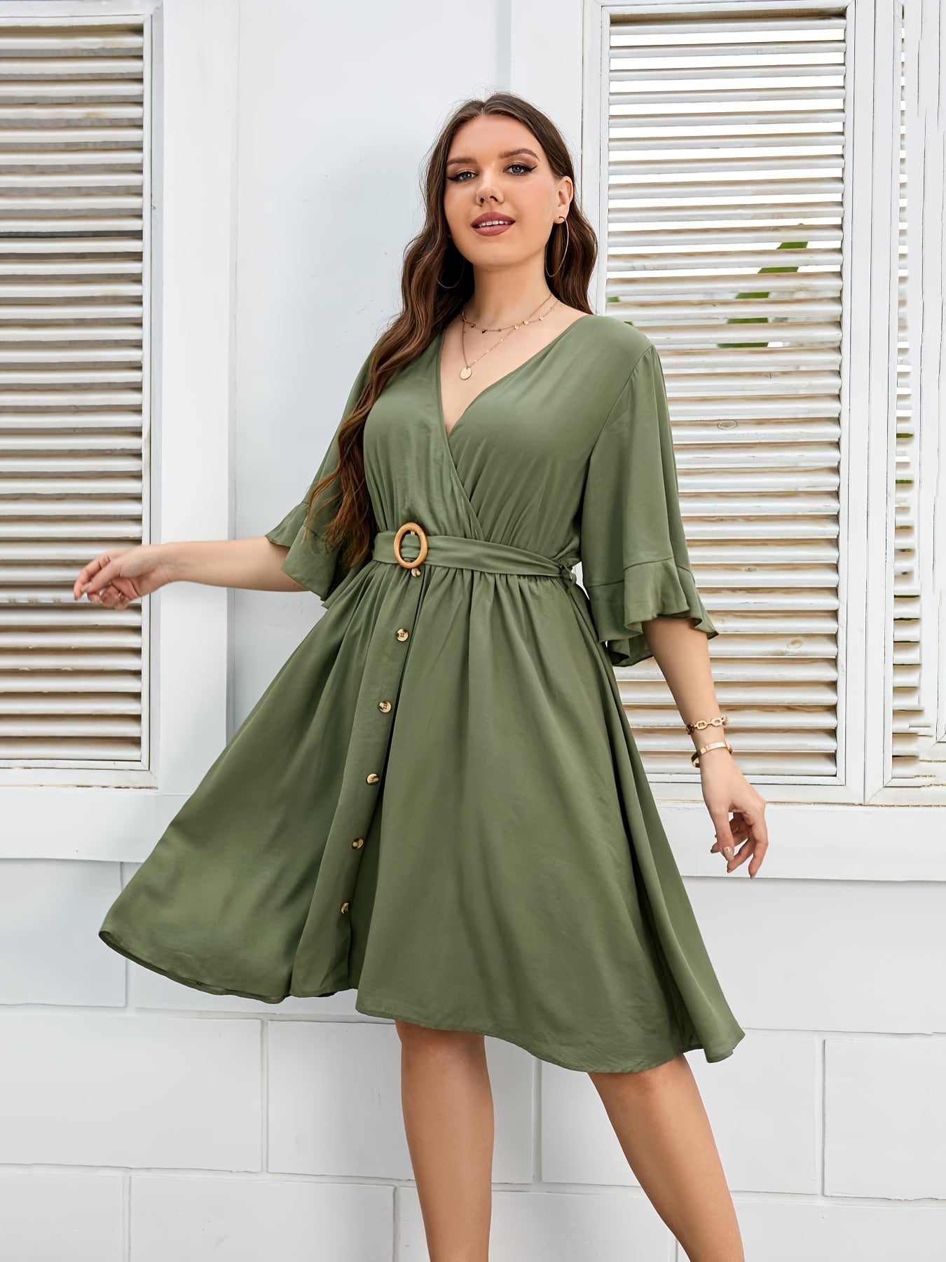  V Neck Dress with Belt Women's Plus Slim Fit Dress