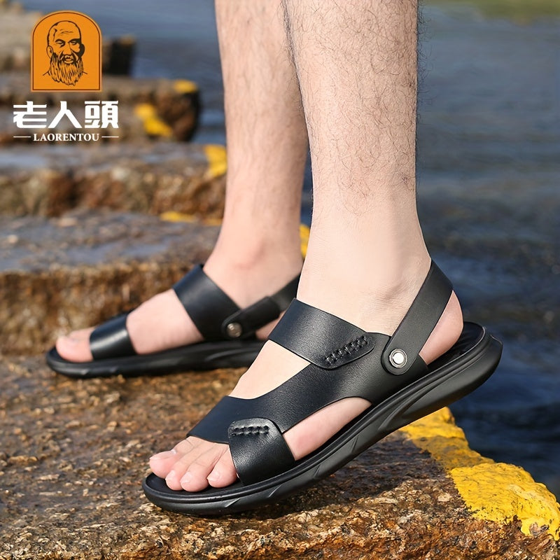 LAORENTOU Men's Leather Sandals Outdoor Anti-skid Beach Shoes