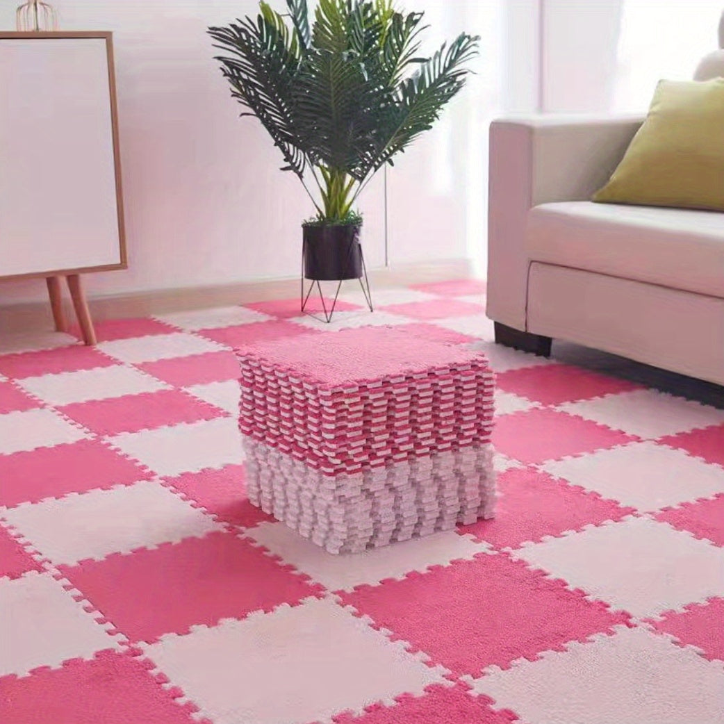 12pcs Pink Foam Puzzle Floor Mat Interlocking Fluffy Soft Climbing Area Rugs