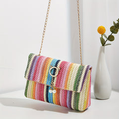 Boho Mini Shoulder Bag Colorful Striped Weave & Chain Strap