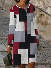  Patchwork Print Long Sleeve Dress