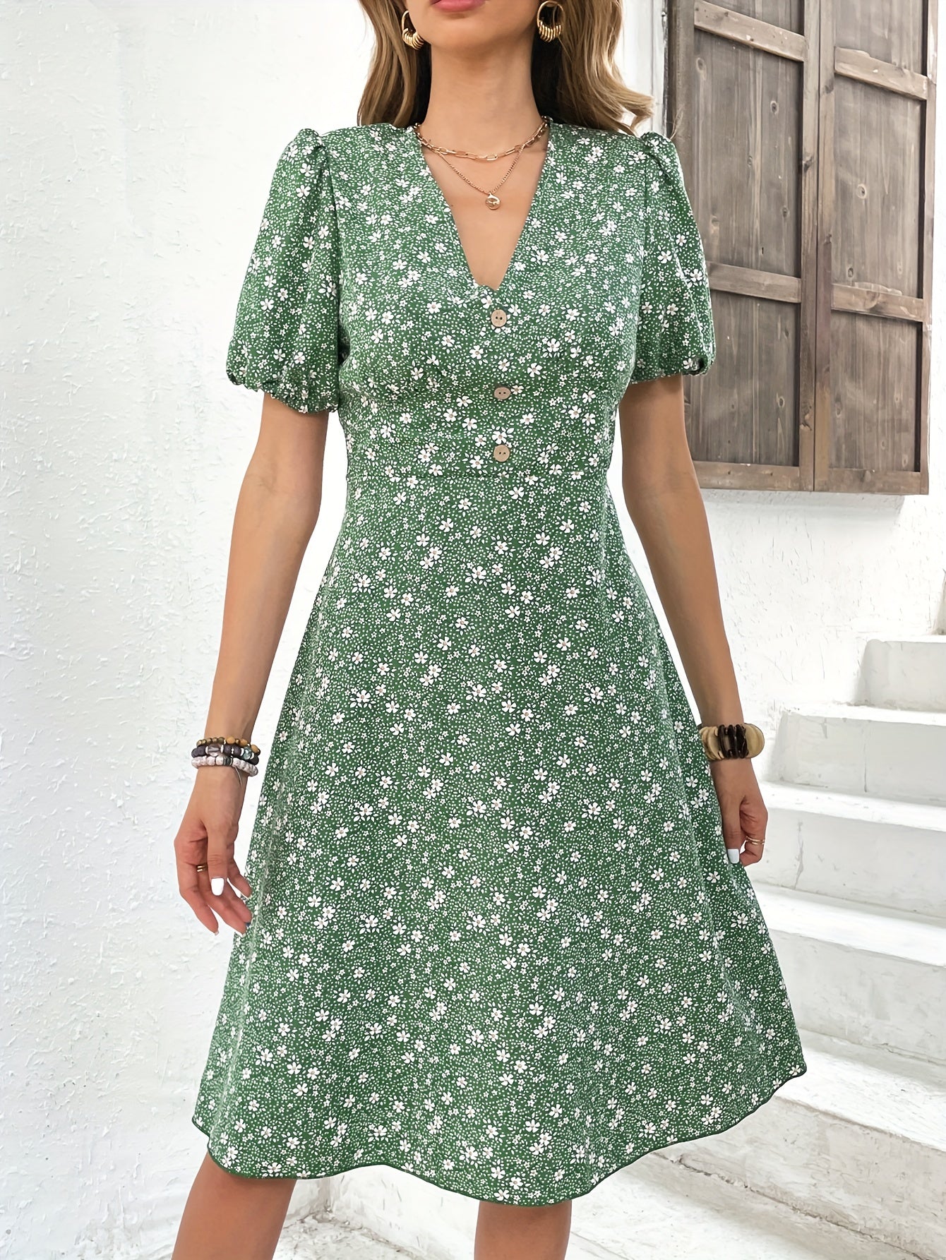Floral Print Button V Neck Dress