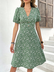 Floral Print Button V Neck Dress