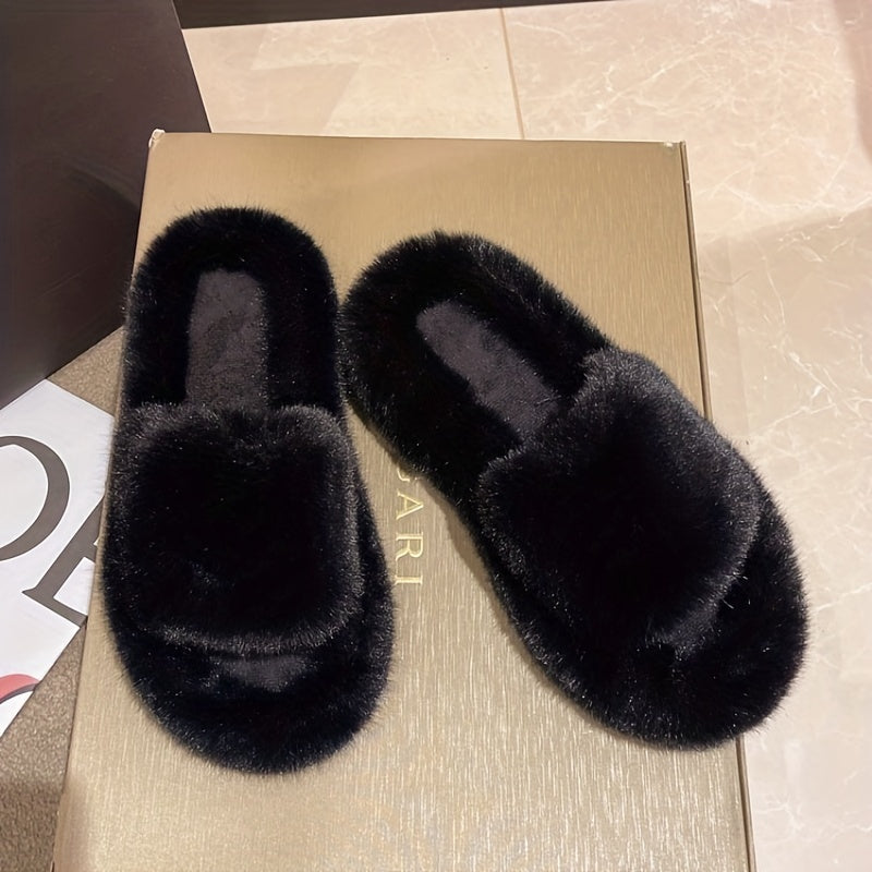 Women's Fluffy Home Slippers Cozy Solid Open Toe Fuzzy Shoes