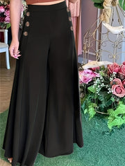  Women's Wide Leg Button Decor Loose Trousers