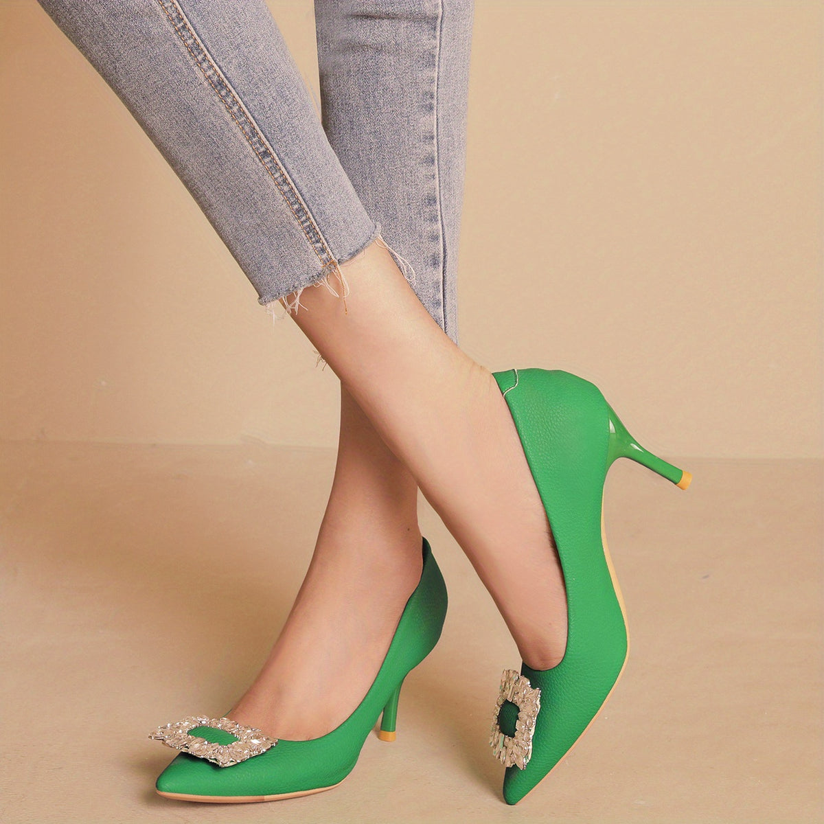 Crystal Decor Stiletto Heels Point Toe Faux Leather Pumps