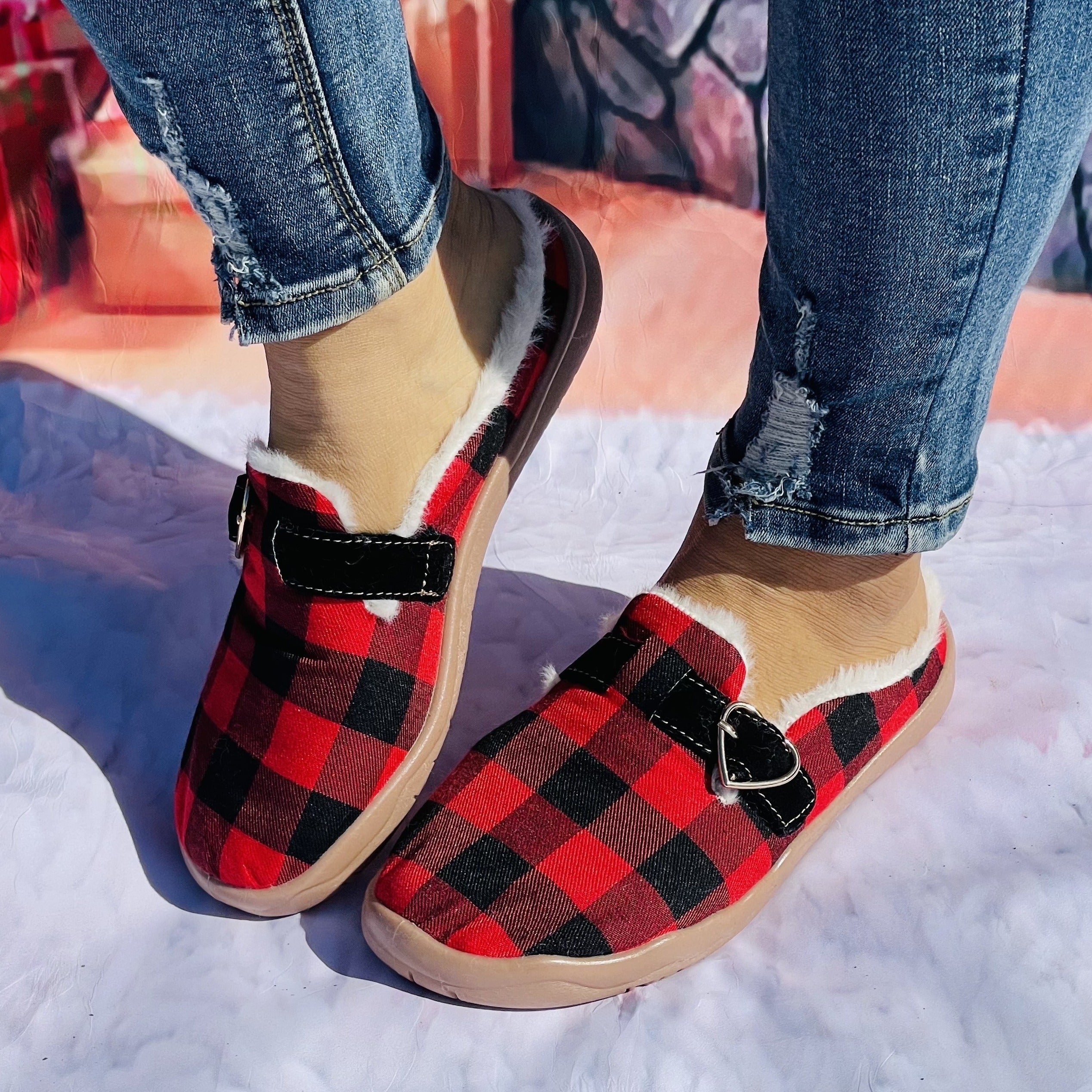 Winter Christmas Women's Plaid Furry Slippers Soft Comfortable Canvas Shoes