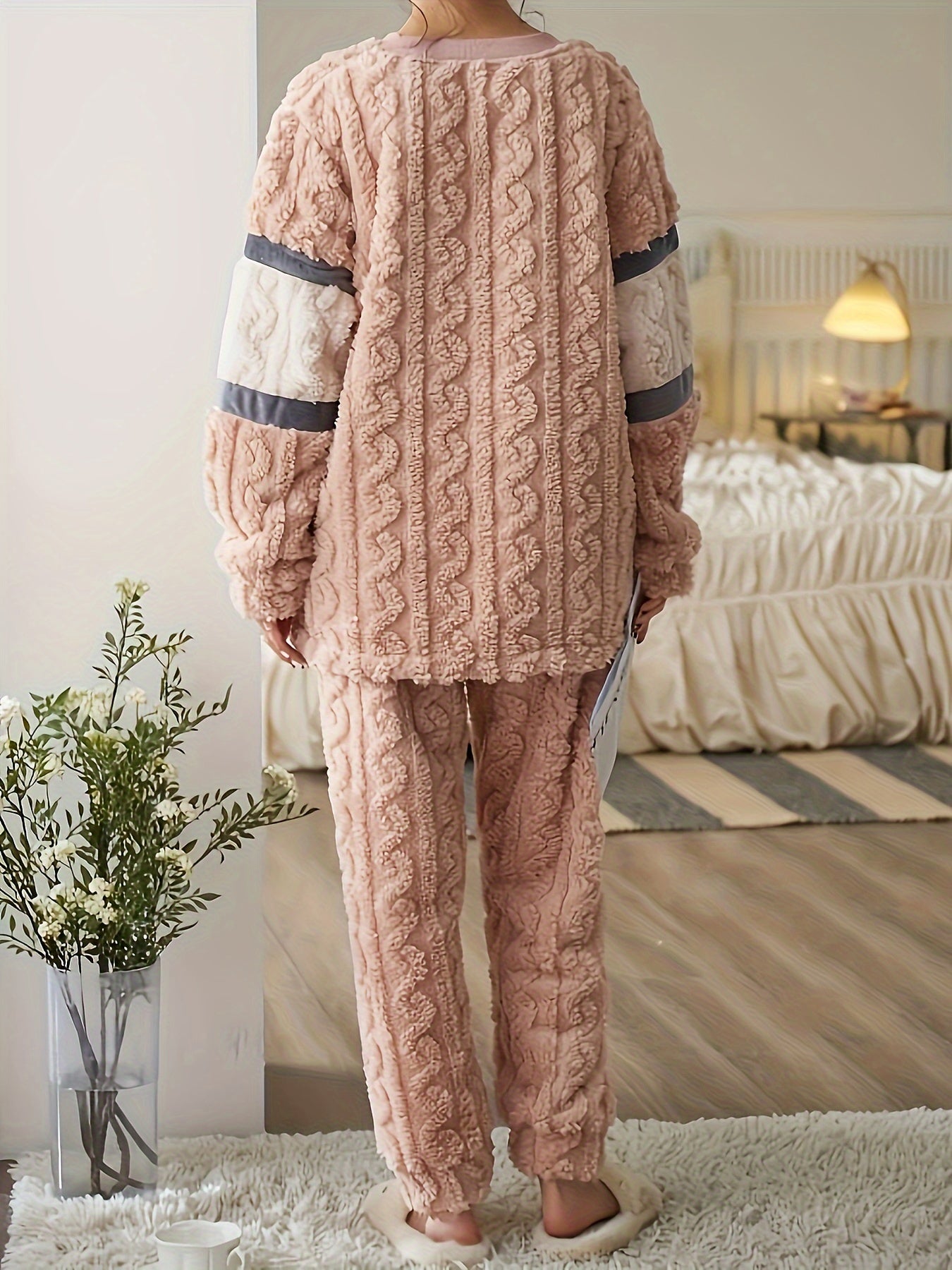 Striped Fuzzy Pajama Set Long Sleeve Crew Neck Top & Elastic Waistband Pants