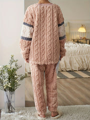 Striped Fuzzy Pajama Set Long Sleeve Crew Neck Top & Elastic Waistband Pants