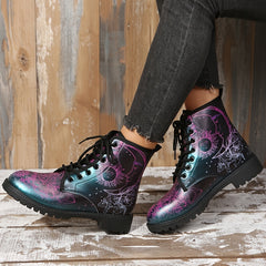 Gothic Style Ankle Combat Boots Sun & Moon Print Non Slip Outdoor Shoes