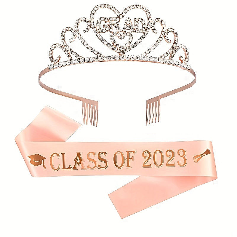 Rhinestone Alloy Tiara Graduation Crown With Belt Senior Year Gift