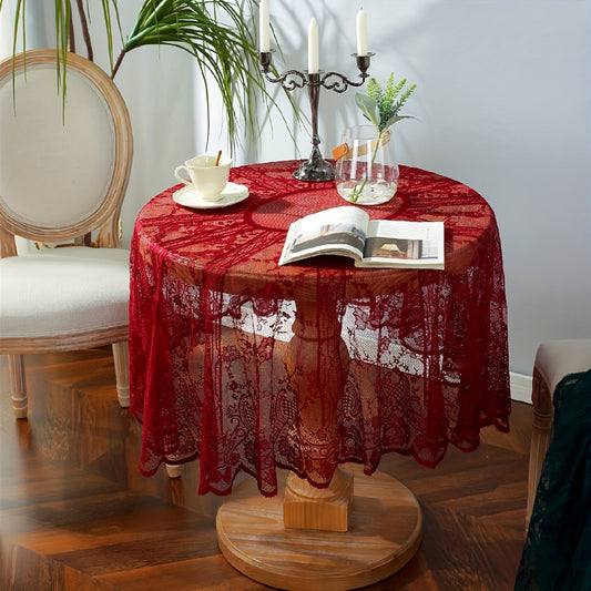 American Style Round Lace Tablecloth Red Hollowed Out Christmas Table Cloth