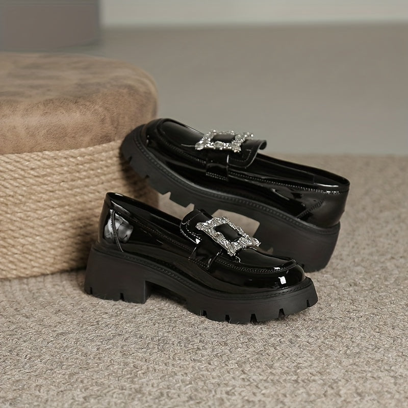 Chunky Heel Loafers Rhinestone Slip On Platform Shoes