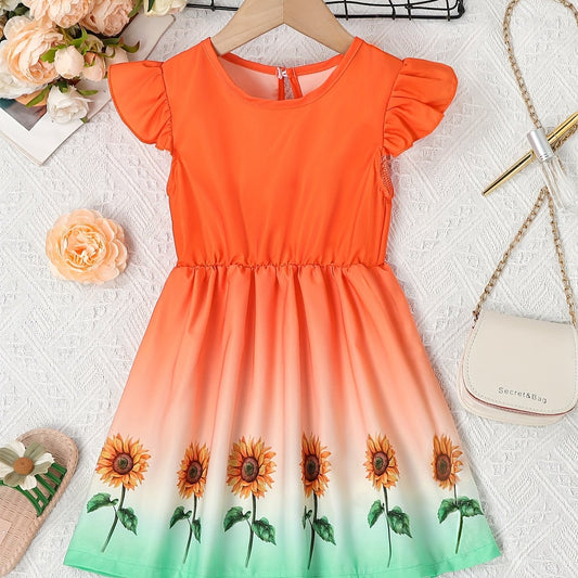 Girls Ombre & Sunflower Graphic Flying Sleeve Casual Dress