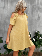  Casual Dress Women's Plus Solid Ruffle Trim Cold Shoulder Mini Dress