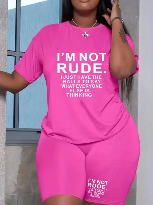  Women's Slogan Print Tee & Shorts Set