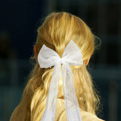 Bridal Bow Veil Hair Clip with Pearls Large Lace Barrette