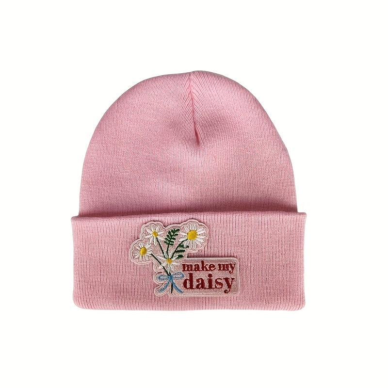 Daisy Embroidery Patch Beanie Knit Hat Windproof Warm Skull Cap