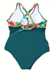 Colorblock Floral Print One Piece Swimsuit