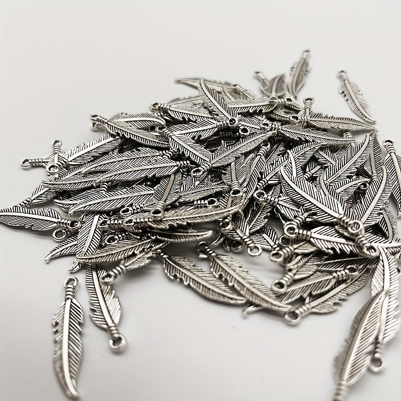 50pcs Double Sided Feather Charms Antique Silver Pendant