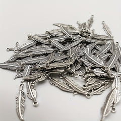 50pcs Double Sided Feather Charms Antique Silver Pendant