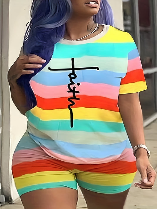 Women's Plus Stripe Letter Print Tee & Shorts Two Piece Set