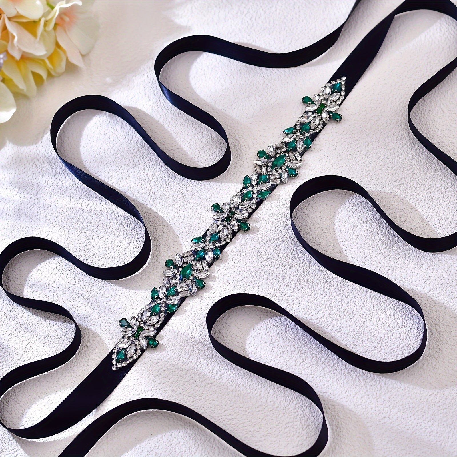 Vintage Green Dress Belt with Rhinestone Waist Sparkle