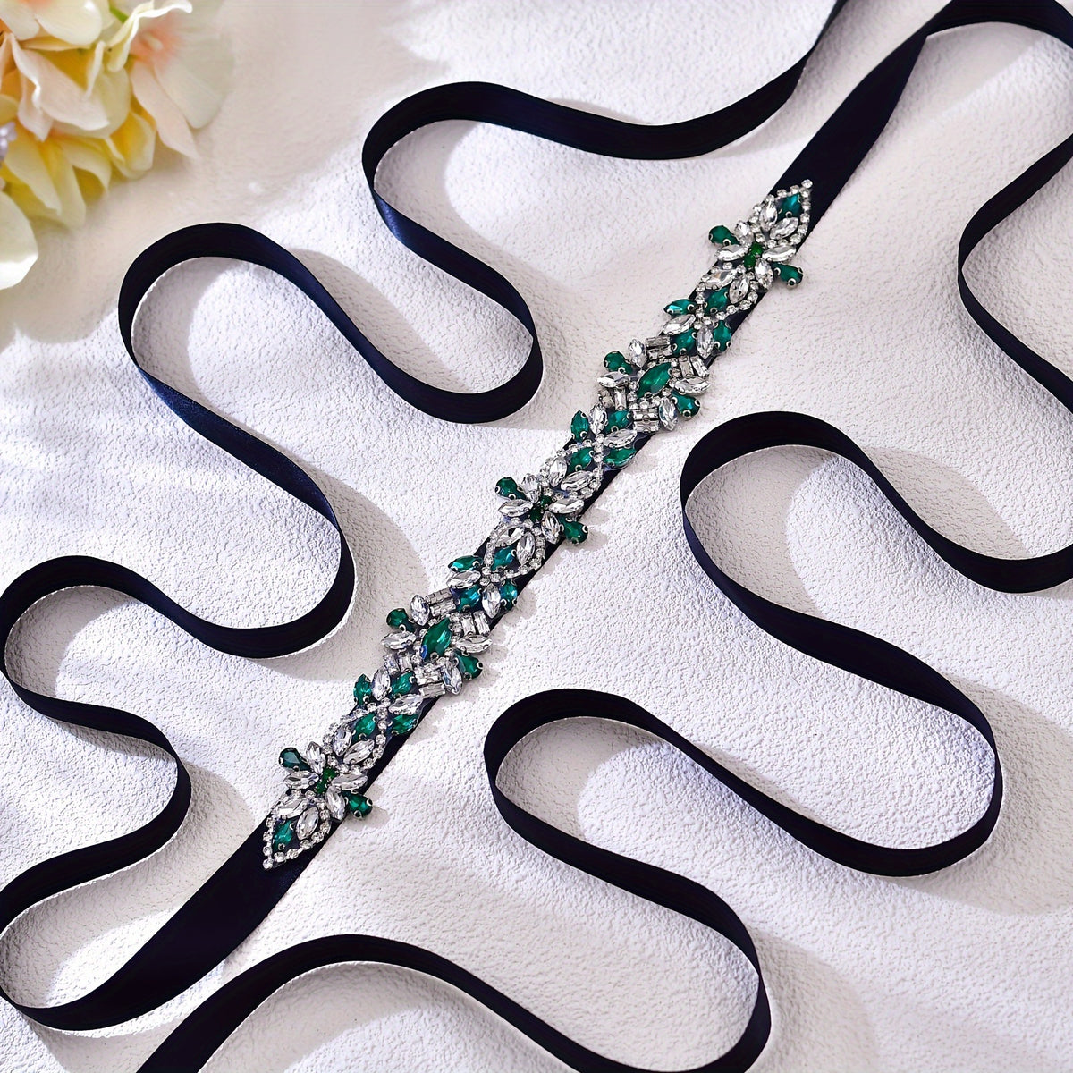 Vintage Green Dress Belt with Rhinestone Waist Sparkle