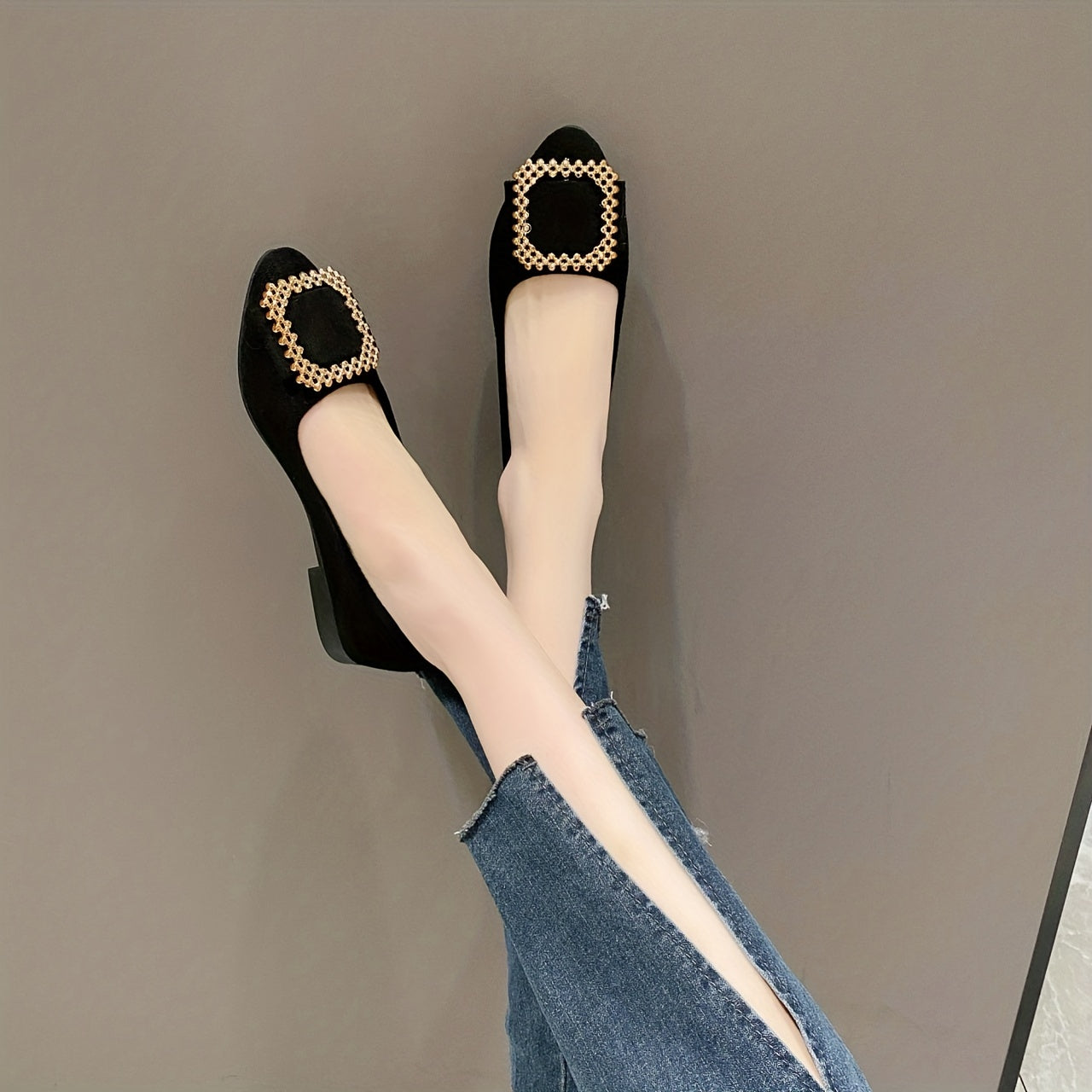 Women's Pointed Toe Ballet Flats Square Metallic Decor Slip On Shoes