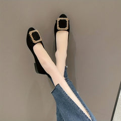 Women's Pointed Toe Ballet Flats Square Metallic Decor Slip On Shoes