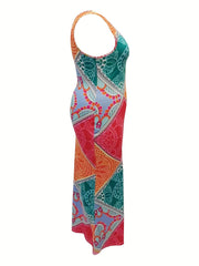  Colorblock Geometric Print Maxi Tank Dress