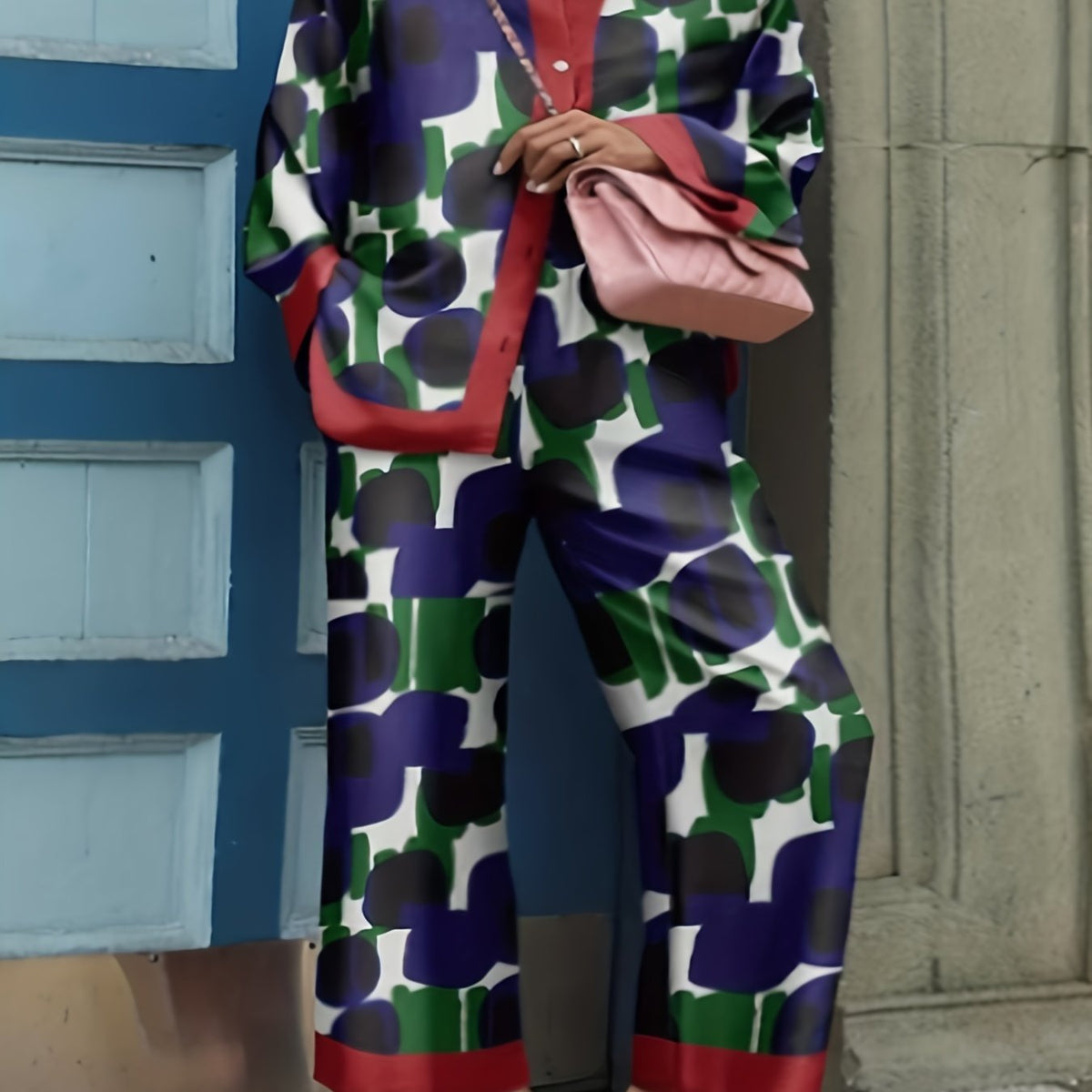  Boho Allover Print Long Sleeve Shirt & Pants Two Piece Set