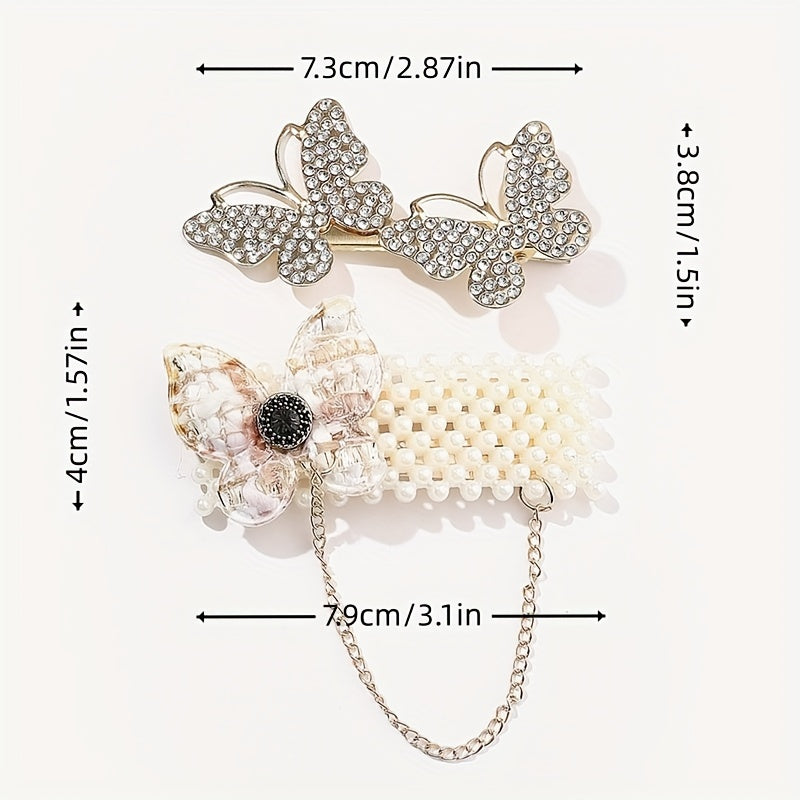 2pcs Butterfly Hair Clip Faux Pearl Duck Billed Clip Metal For Women Girls