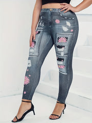  Denim & Floral Print High Rise Leggings