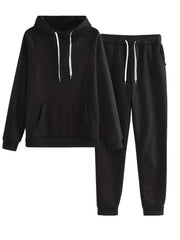 Solid Two-Piece Set Hoodie & Pants Outfit