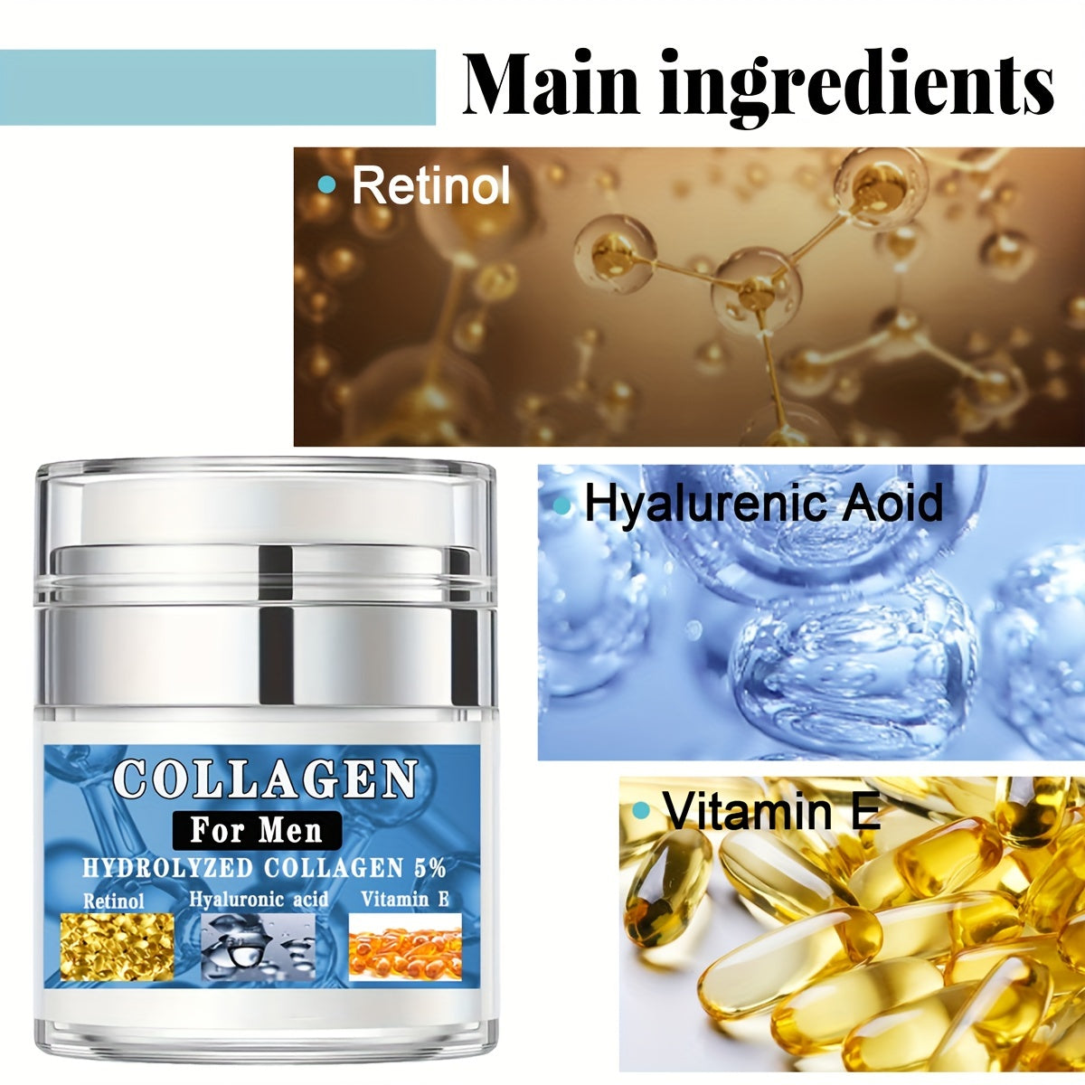 Men Face Cream with Collagen Retinol Hyaluronic Acid Vitamin E 1.76 Oz