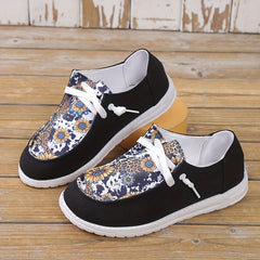 Women's Cow & Leopard Pattern Shoes Lace Up Slip On Round Toe Canvas Shoes