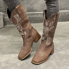 Western Embroidered Cowgirl Boots Chunky Heeled Mid Calf Boots