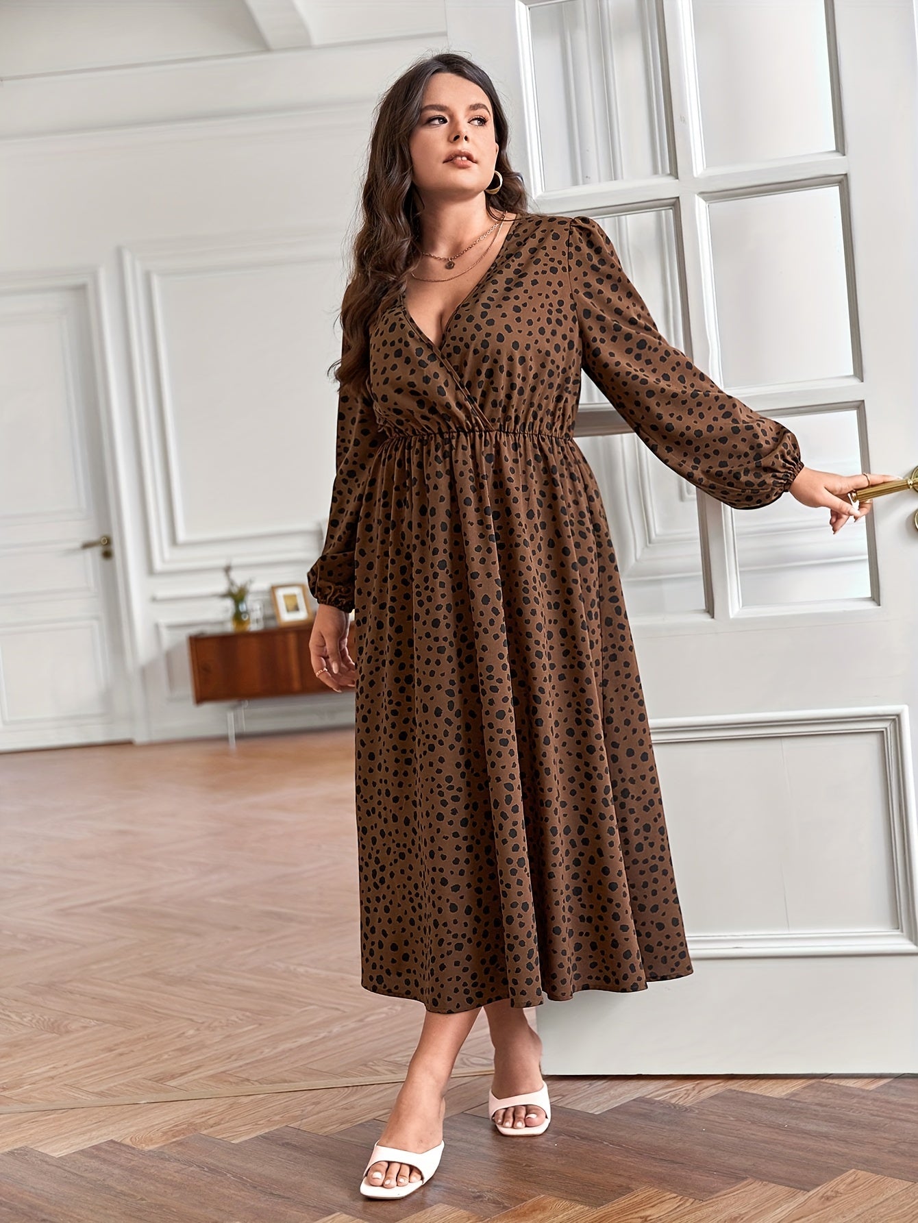 Women's Plus Dalmatian Print Lantern Sleeve Dress