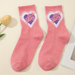 5 Pairs Heart & Letter Print Socks College Style Women's Stockings