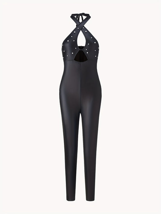 Beaded Cross Halter Neck Jumpsuit Cut Out Backless